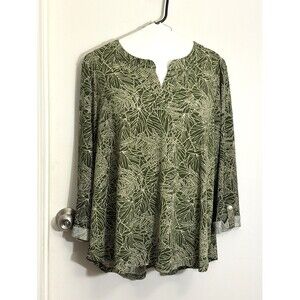 Womens 2X Amana Pullover Blouse 3/4 Sleeve Leaf Pattern 5% Spandex